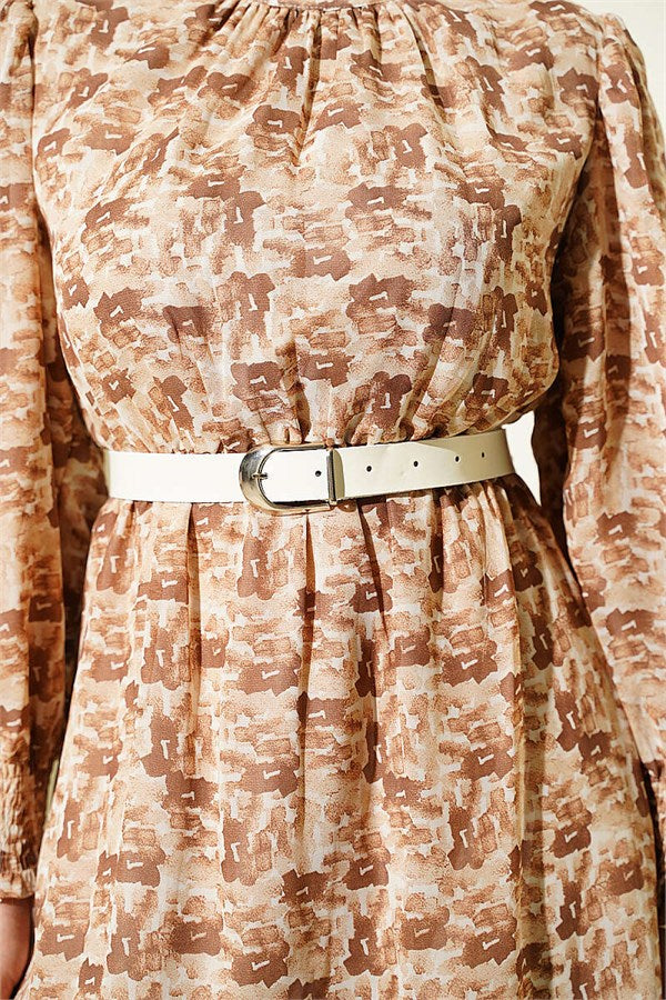 High Neck Mixed Pattern Chiffon Tunic Camel