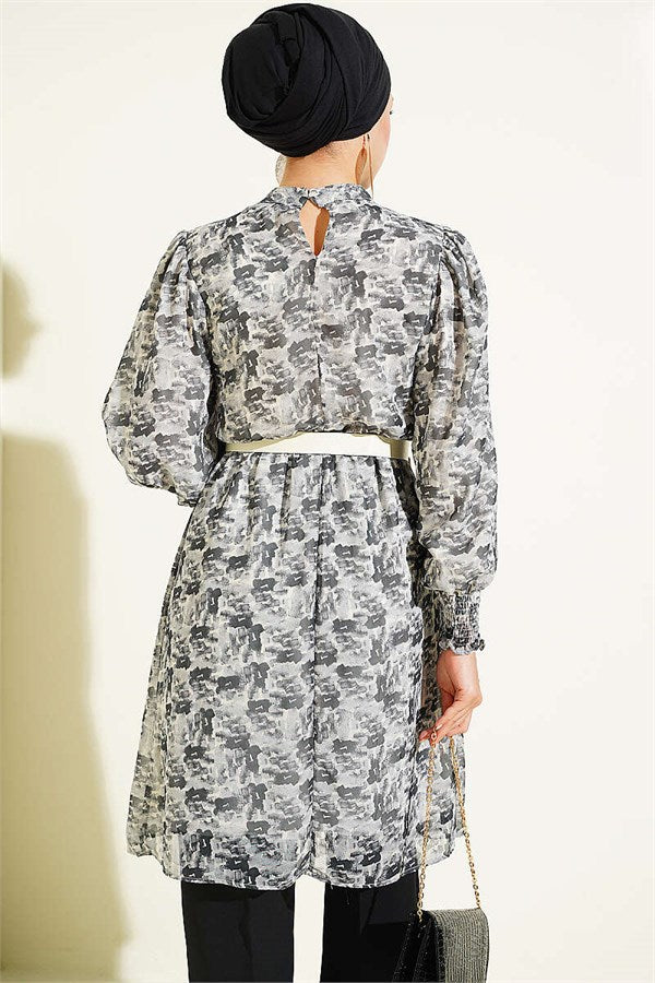 High Neck Mixed Pattern Chiffon Tunic Grey