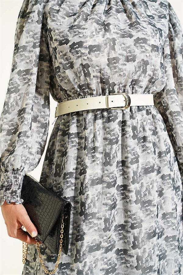 High Neck Mixed Pattern Chiffon Tunic Grey