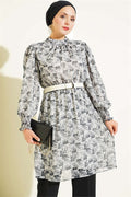 High Neck Mixed Pattern Chiffon Tunic Grey