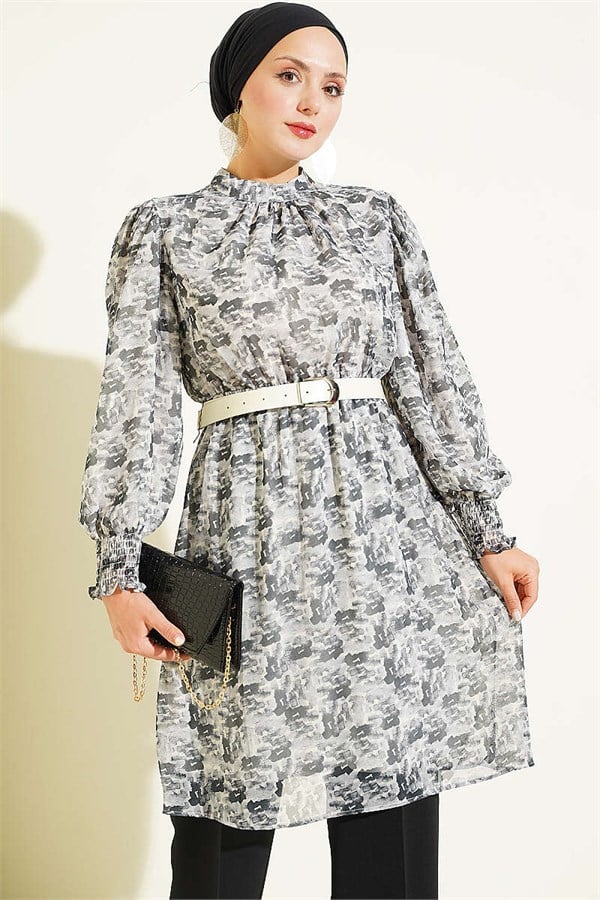 High Neck Mixed Pattern Chiffon Tunic Grey