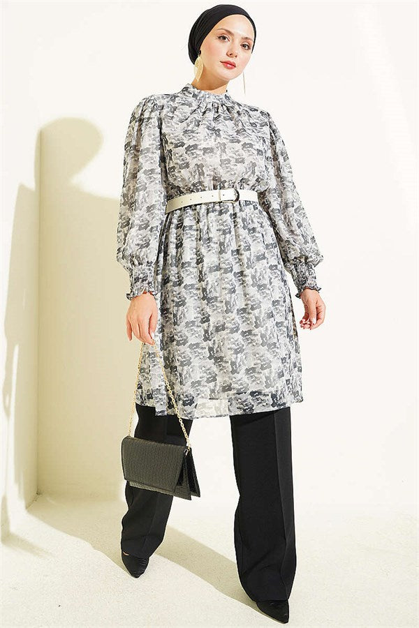 High Neck Mixed Pattern Chiffon Tunic Grey