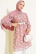 High Neck Mixed Pattern Chiffon Tunic Rose Pink