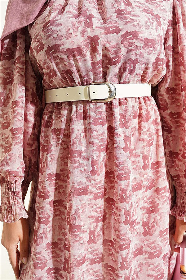 High Neck Mixed Pattern Chiffon Tunic Rose Pink