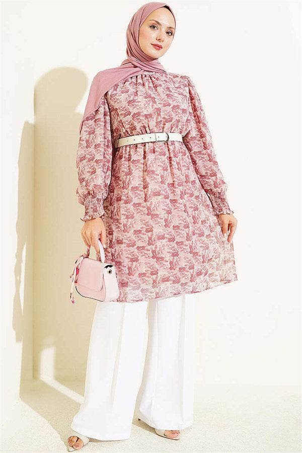 High Neck Mixed Pattern Chiffon Tunic Rose Pink