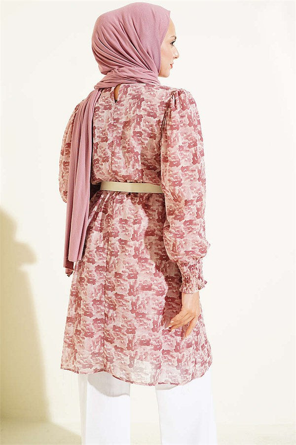 High Neck Mixed Pattern Chiffon Tunic Rose Pink