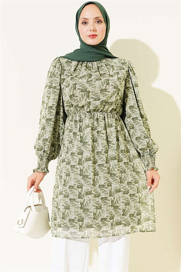 High Neck Mixed Pattern Chiffon Tunic Khaki