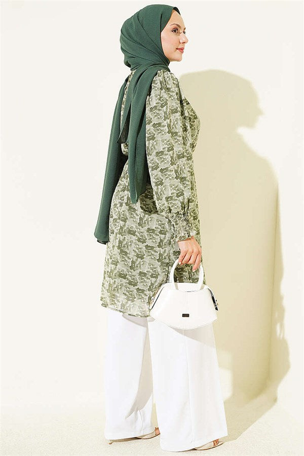 High Neck Mixed Pattern Chiffon Tunic Khaki