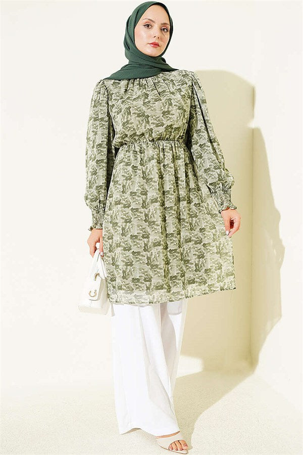 High Neck Mixed Pattern Chiffon Tunic Khaki