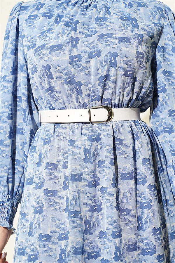 High Neck Mixed Pattern Chiffon Tunic Blue
