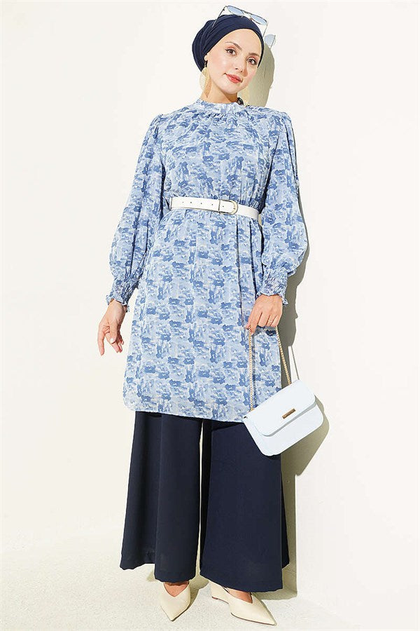 High Neck Mixed Pattern Chiffon Tunic Blue