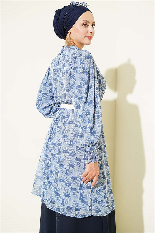 High Neck Mixed Pattern Chiffon Tunic Blue