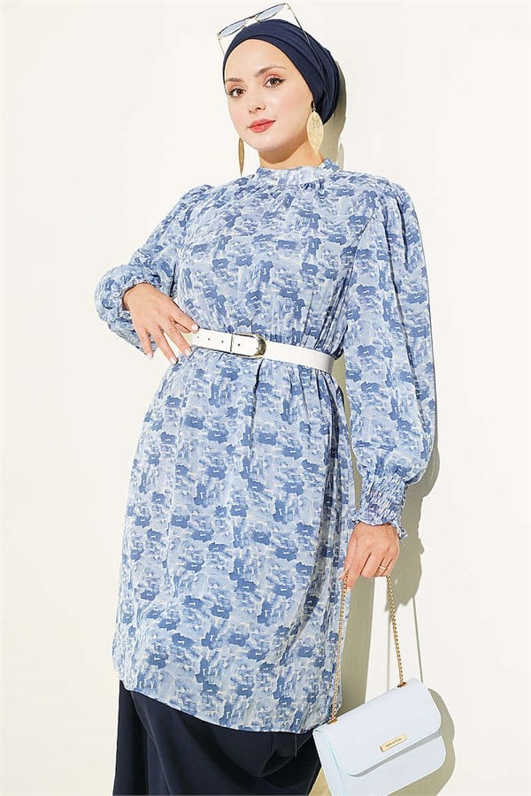 High Neck Mixed Pattern Chiffon Tunic Blue