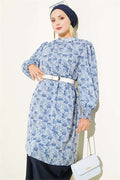 High Neck Mixed Pattern Chiffon Tunic Blue