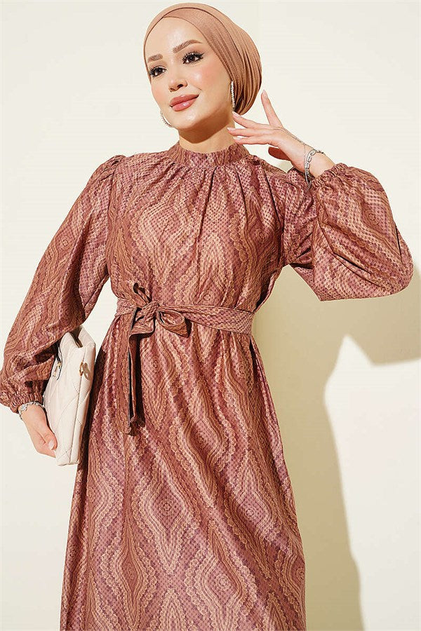 High Neck Self-Patterned Dress Latte