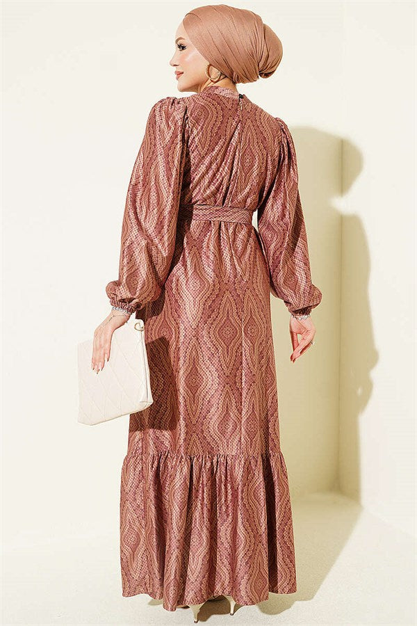 High Neck Self-Patterned Dress Latte