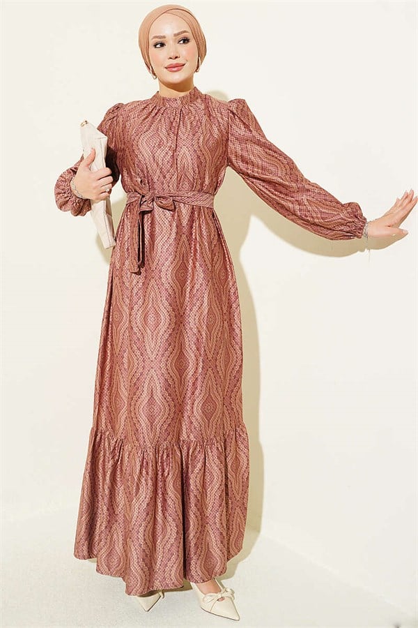 High Neck Self-Patterned Dress Latte