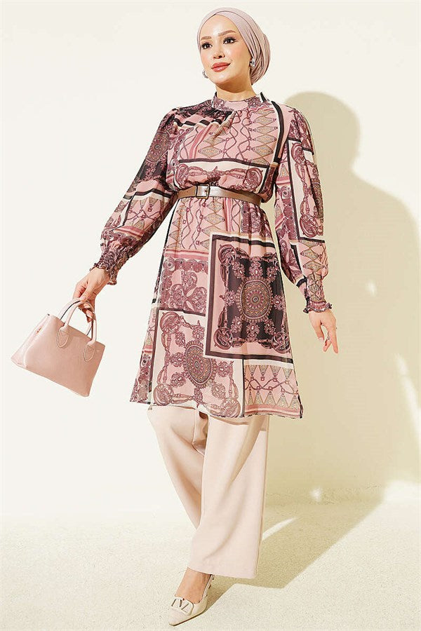 High Collar Sleeve Gimped Patterned Tunic Powder