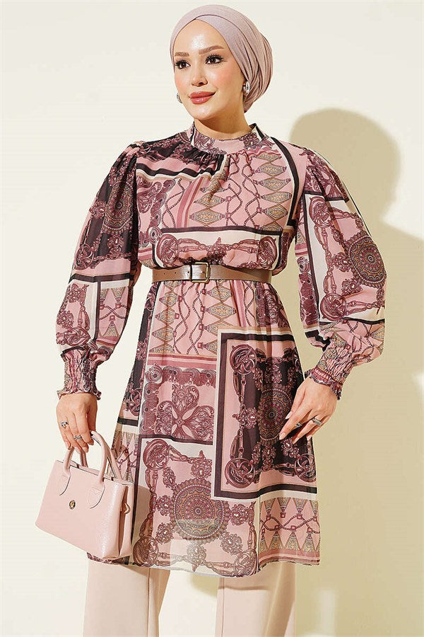 High Collar Sleeve Gimped Patterned Tunic Powder