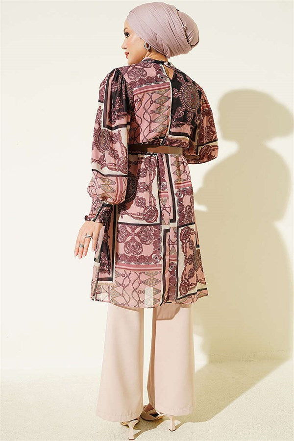 High Collar Sleeve Gimped Patterned Tunic Powder