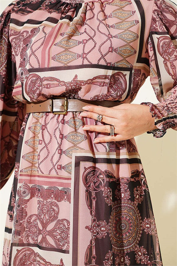 High Collar Sleeve Gimped Patterned Tunic Powder