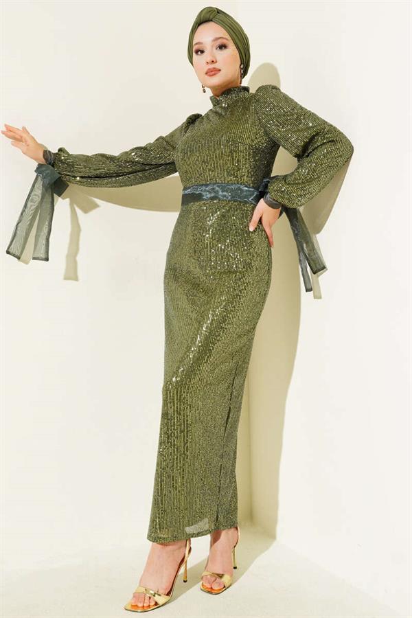 High Neck Belted Sequin Evening Dress Emerald