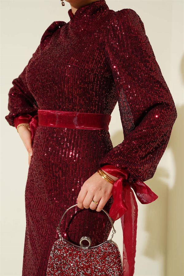 Stand Collar Belted Sequin Evening Dress Burgundy