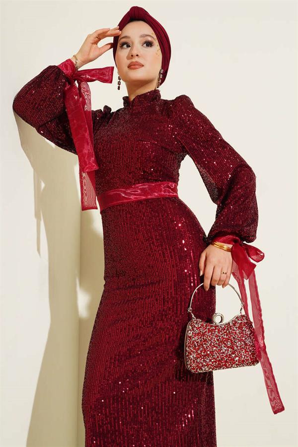 Stand Collar Belted Sequin Evening Dress Burgundy
