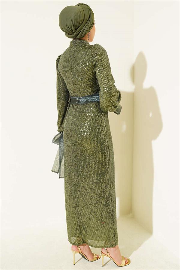 High Neck Belted Sequin Evening Dress Emerald