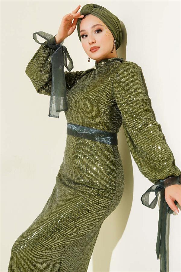 High Neck Belted Sequin Evening Dress Emerald