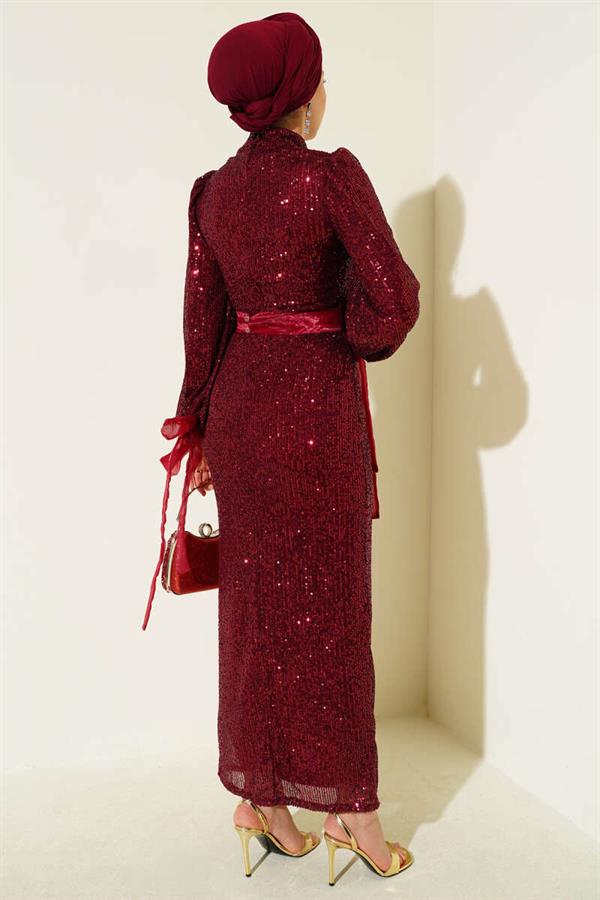 Stand Collar Belted Sequin Evening Dress Burgundy