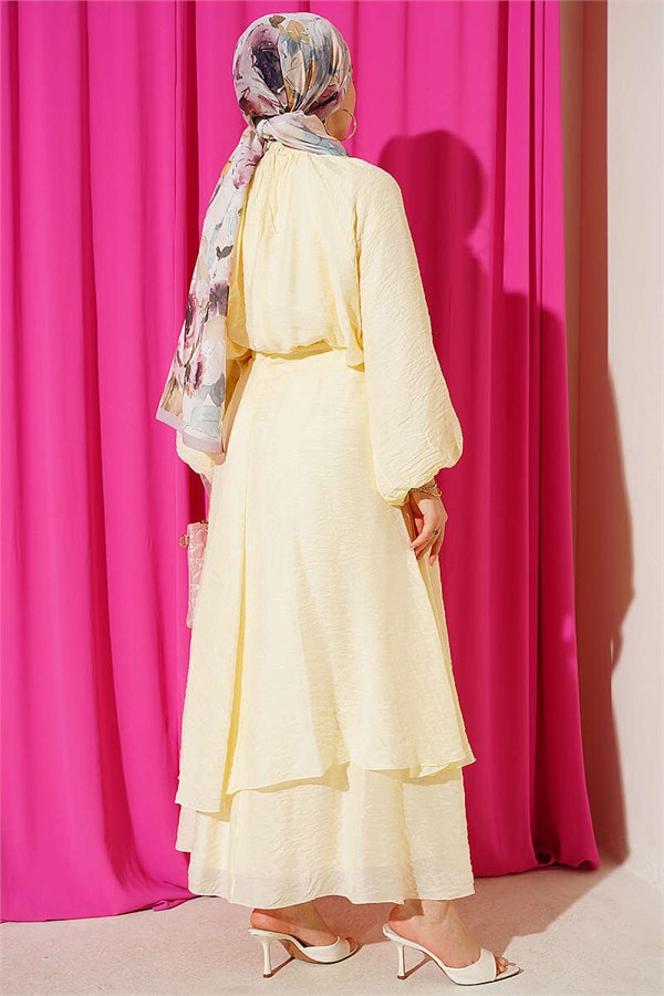 High Neck, Detailed Three-Piece Skirt Set, Yellow