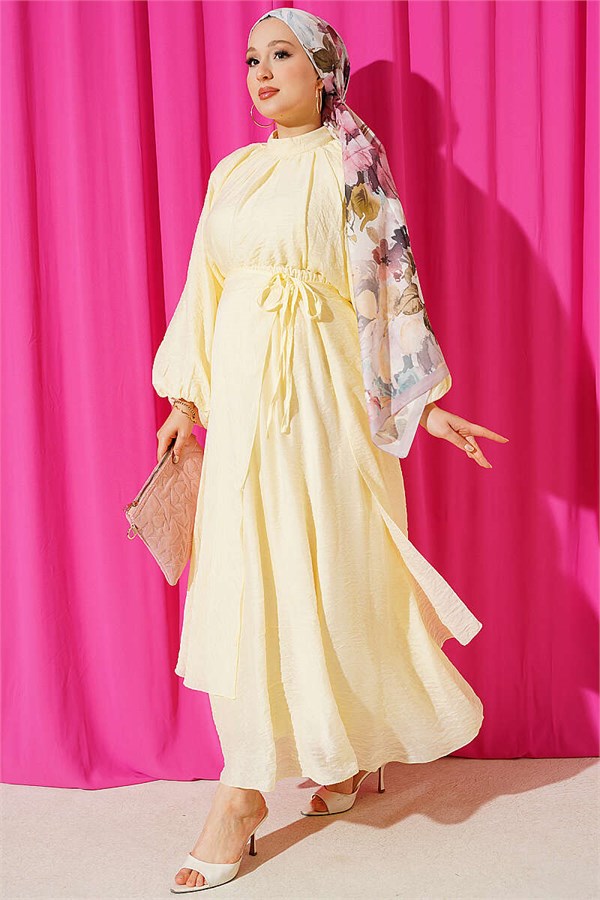 High Neck, Detailed Three-Piece Skirt Set, Yellow