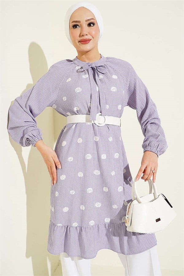 High-Neck Gingham Tunic, Purple