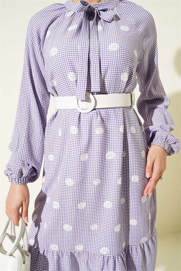 High-Neck Gingham Tunic, Purple