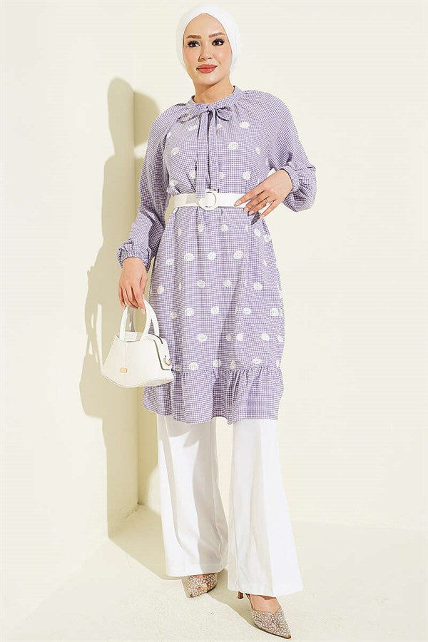 High-Neck Gingham Tunic, Purple