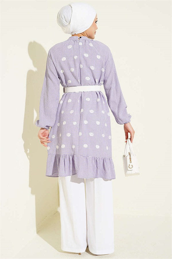 High-Neck Gingham Tunic, Purple