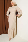 High-Neck Ruffled Patterned Dress, Beige