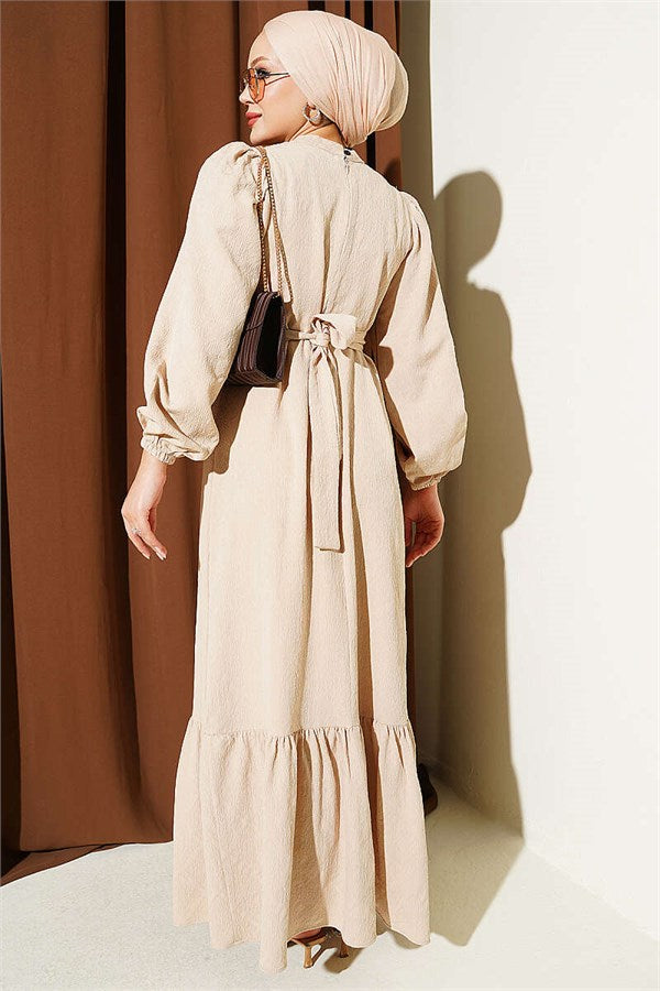 High-Neck Ruffled Patterned Dress, Beige