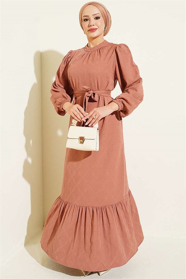 High Neck Ruffled Patterned Dress Latte