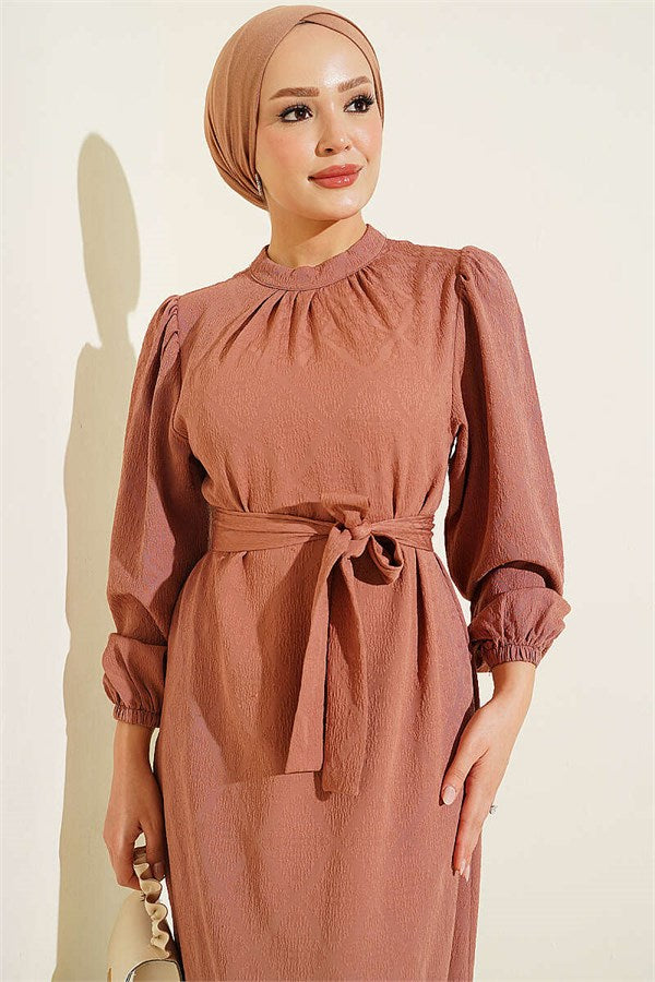 High Neck Ruffled Patterned Dress Latte