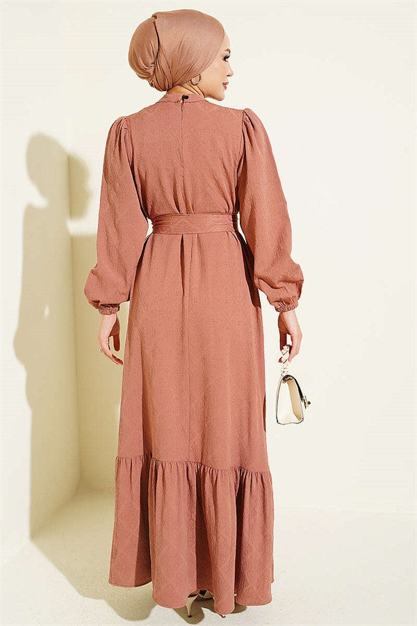 High Neck Ruffled Patterned Dress Latte