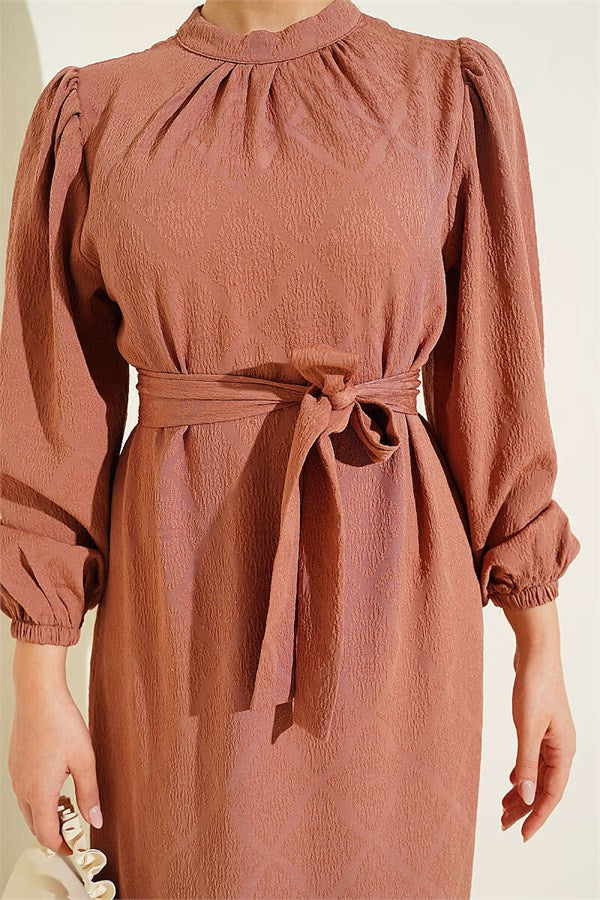 High Neck Ruffled Patterned Dress Latte