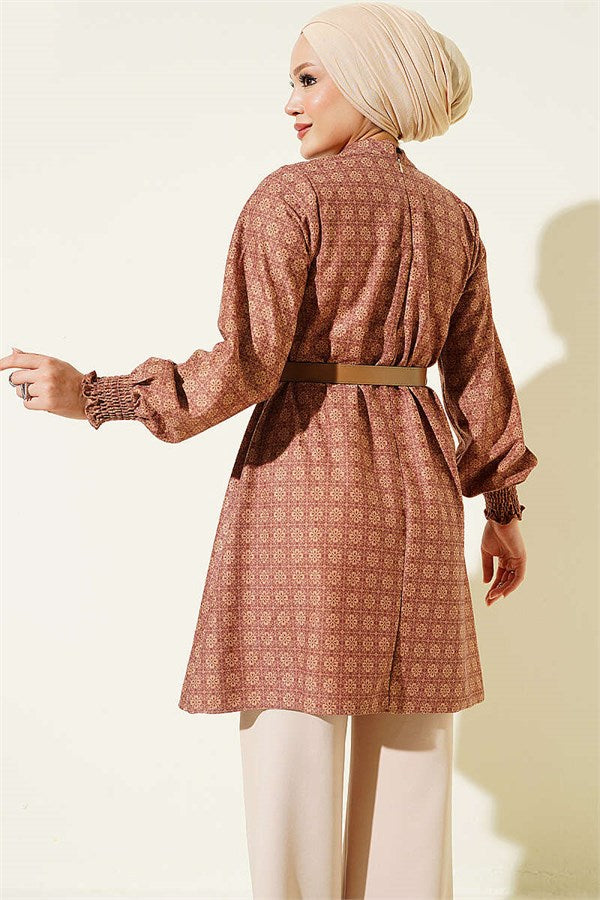 High Neck Clover Pattern Tunic, Rose Pink