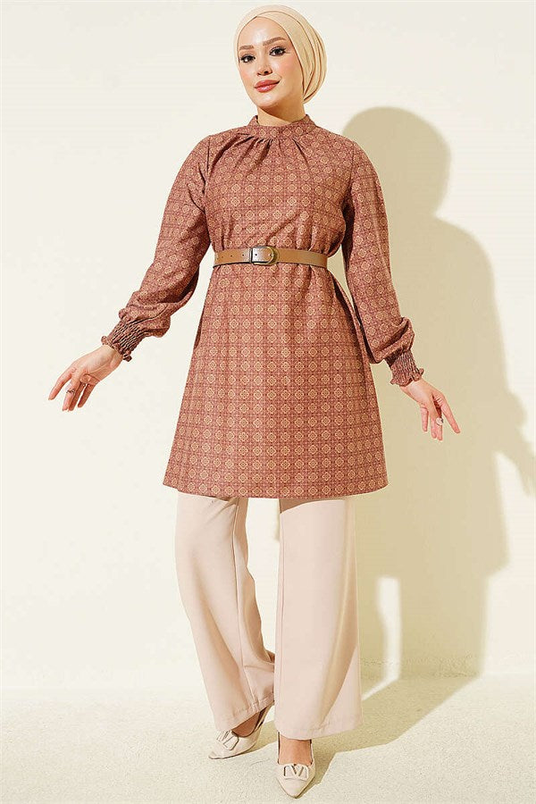 High Neck Clover Pattern Tunic, Rose Pink