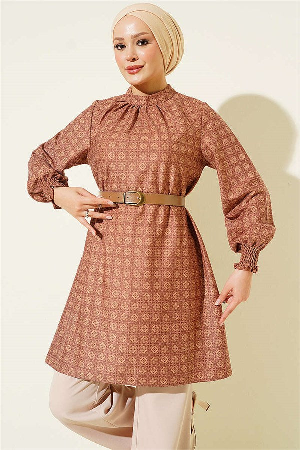 High Neck Clover Pattern Tunic, Rose Pink