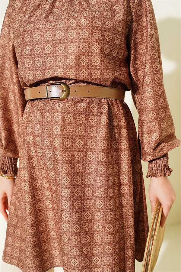 High Neck Clover Pattern Tunic, Tan