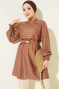 High Neck Clover Pattern Tunic, Tan