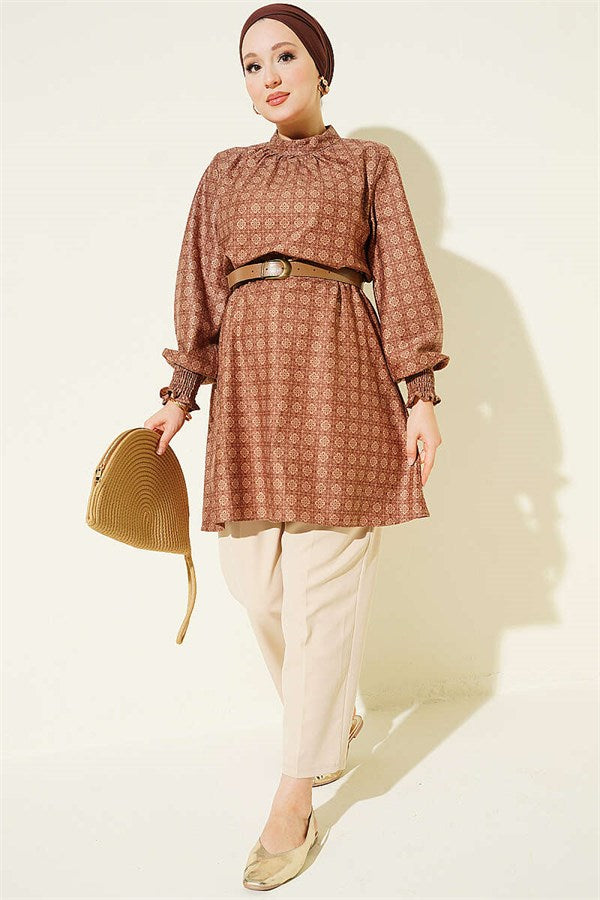 High Neck Clover Pattern Tunic, Tan