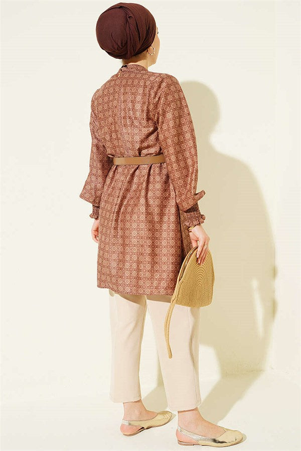High Neck Clover Pattern Tunic, Tan
